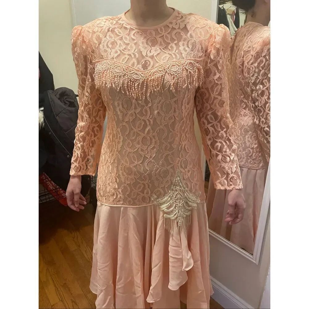 Vintage Desiree New York peach salmon pink lace long sleeve dress size 14